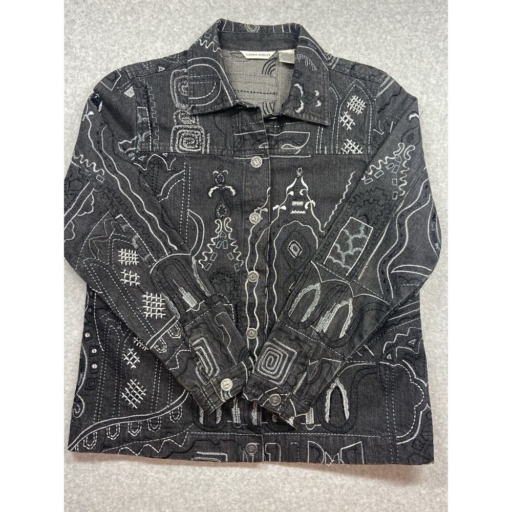 Laura Ashley Button Front Shirt Womens Medium Black Gray Abstract Embroidered Lo